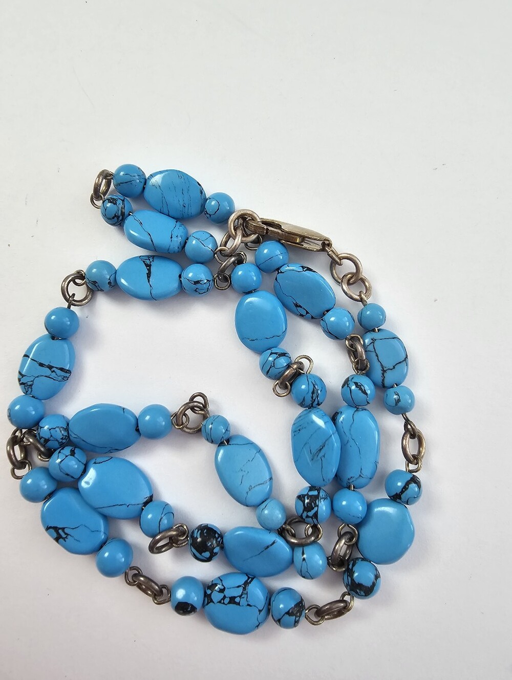 Vintage Sterling Silver .925 Faux Turquoise Linked Nugget Necklace